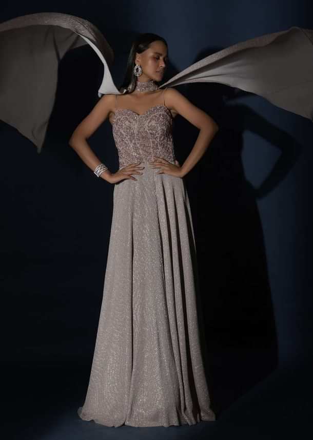 Champagne Gown With Embellished Sweetheart Cut Bodice And Spaghetti Straps Online - Kalki Fashion