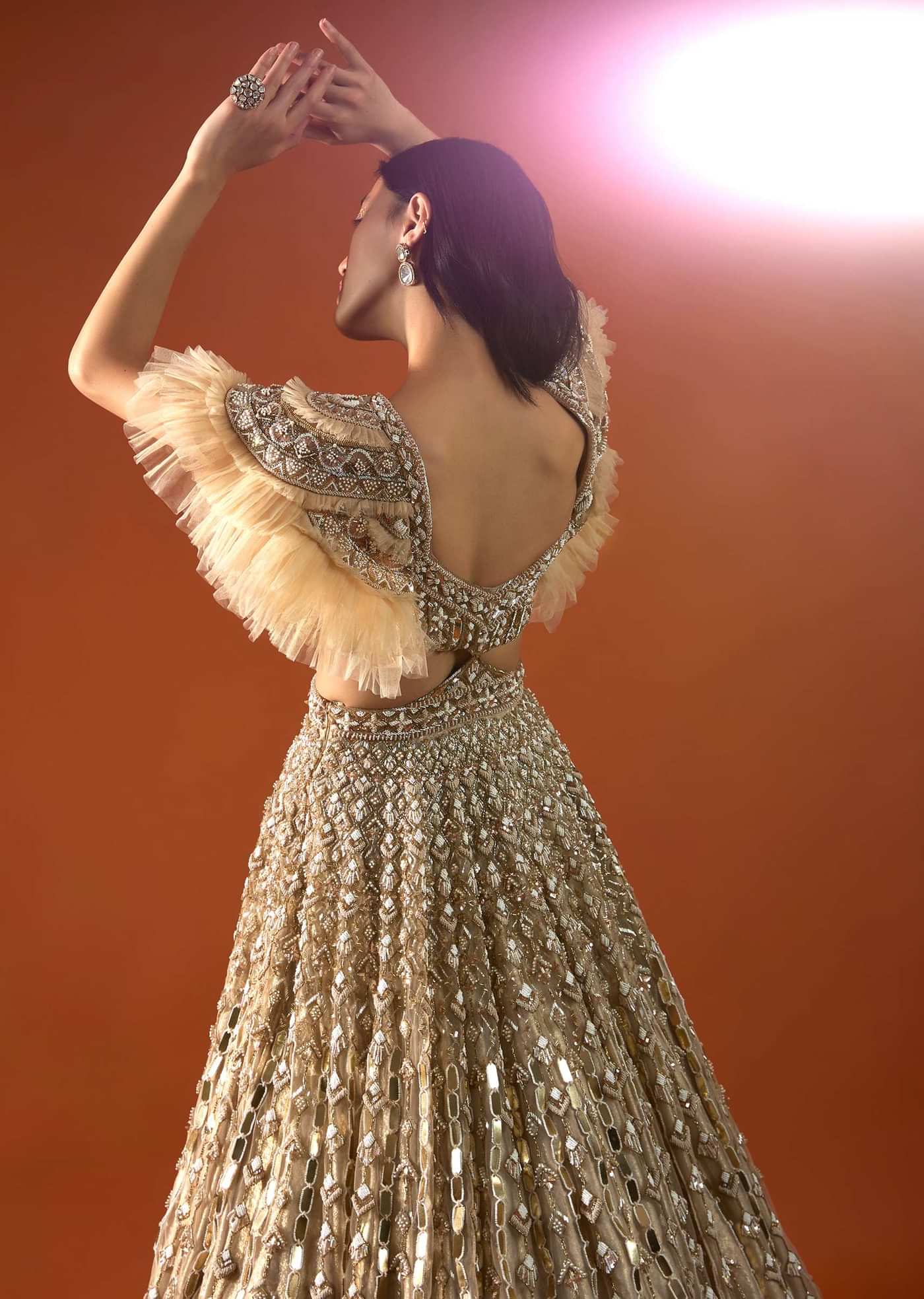 Champagne Gold Angelic Gown In Net With Ruffle Sleeves And Mirror Work - NOOR 2022