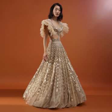 Champagne Gold Angelic Gown In Net With Ruffle Sleeves And Mirror Work - NOOR 2022