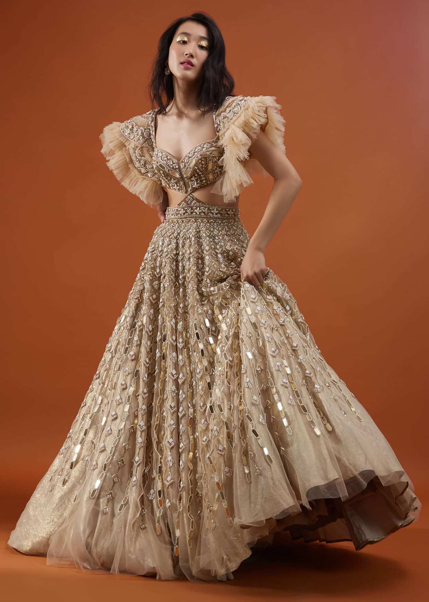 Champagne Gold Angelic Net Gown With Mirror Work And Ruffle Sleeves - NOOR 2022