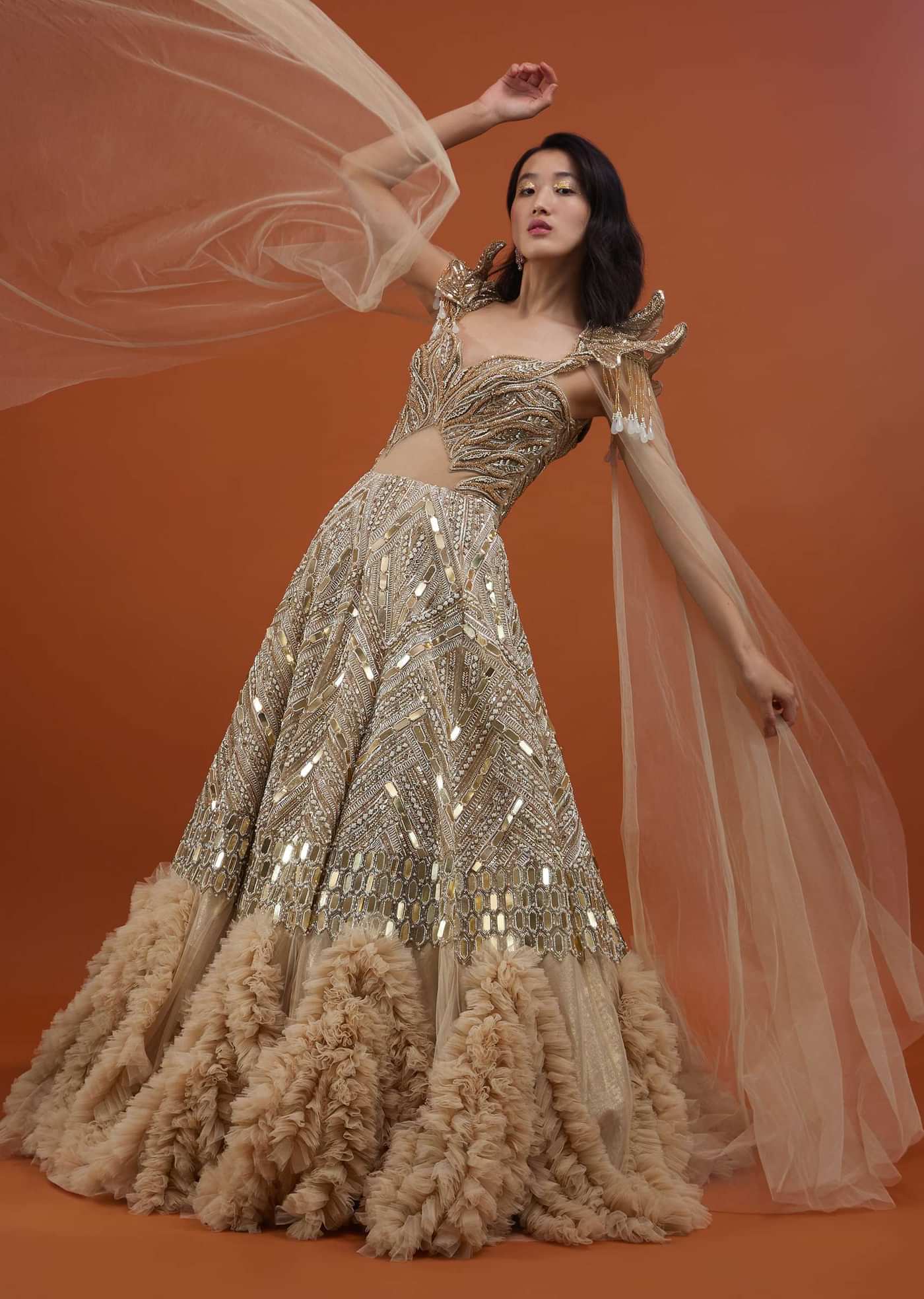 Champagne Gold Divine Net Fabricated Gown With Ruffle Frill Adornment - NOOR 2022