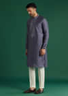 Charcoal Grey Silk Kurta Set For Men With Mirror Work