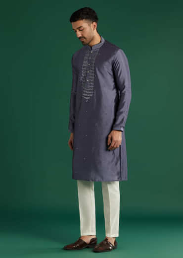 Charcoal Grey Silk Kurta Set For Men With Mirror Work