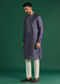 Charcoal Grey Silk Kurta Set For Men With Mirror Work