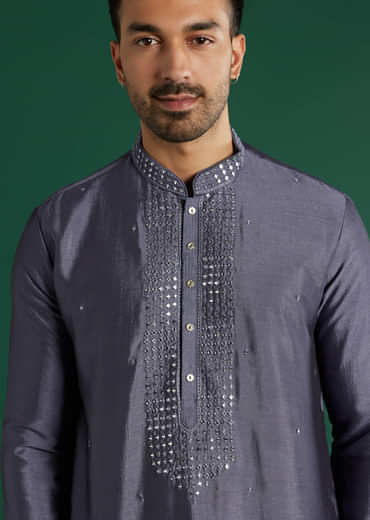 Charcoal Grey Silk Kurta Set For Men With Mirror Work