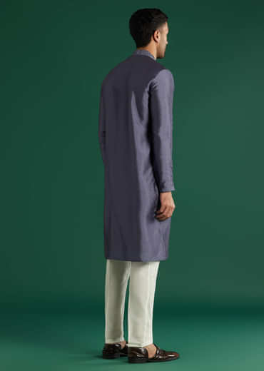 Charcoal Grey Silk Kurta Set For Men With Mirror Work