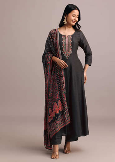 Black Embroidered Kurti Set With Modal Silk Ajrakh Printed Dupatta