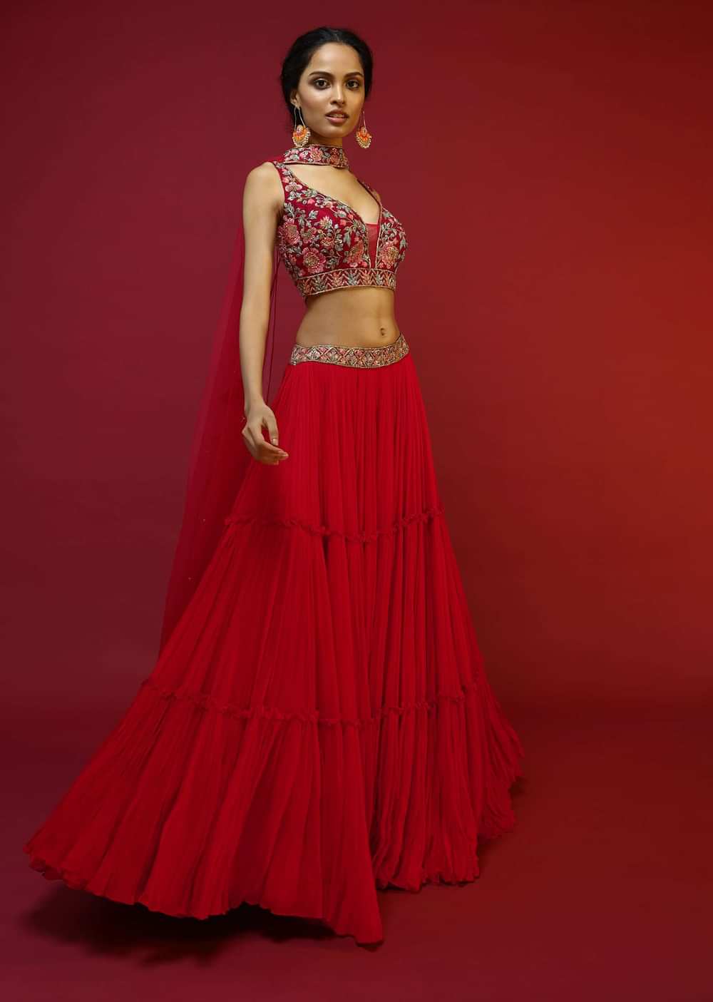 Cherry Red Gathered Lehenga Choli With Hand Embroidered Multi Colored Resham And Sequins Work In Floral Jaal Design
