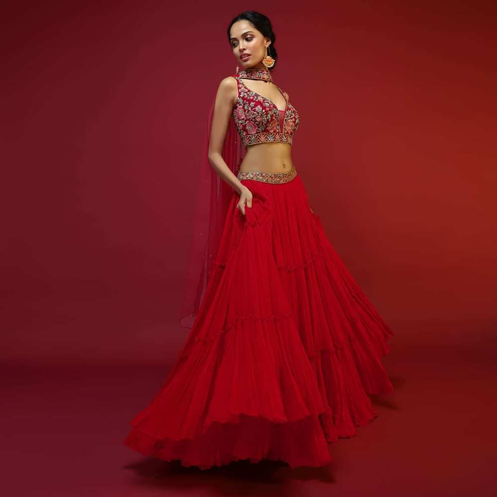 Cherry Red Gathered Lehenga Choli With Hand Embroidered Multi Colored Resham And Sequins Work In Floral Jaal Design
