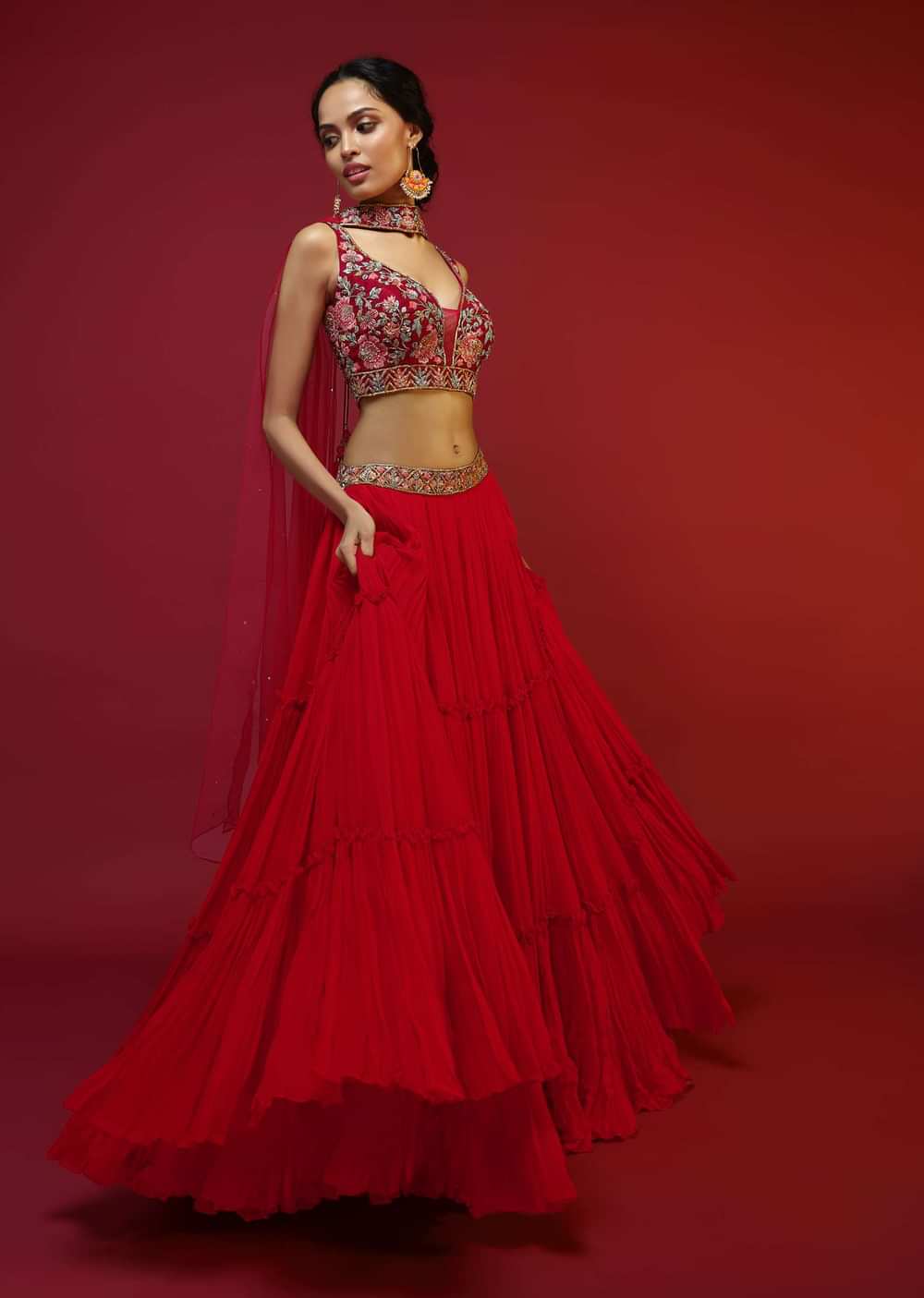 Cherry Red Gathered Lehenga Choli With Hand Embroidered Multi Colored Resham And Sequins Work In Floral Jaal Design