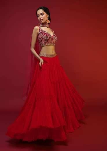 Cherry Red Gathered Lehenga Choli With Hand Embroidered Multi Colored Resham And Sequins Work In Floral Jaal Design