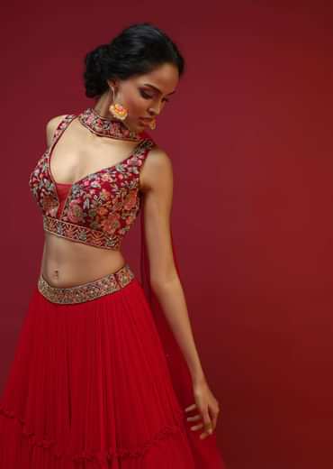 Cherry Red Gathered Lehenga Choli With Hand Embroidered Multi Colored Resham And Sequins Work In Floral Jaal Design