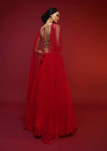 Cherry Red Gathered Lehenga Choli With Hand Embroidered Multi Colored Resham And Sequins Work In Floral Jaal Design