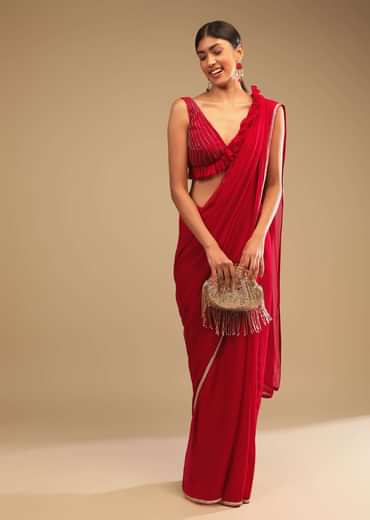 Cherry Red Saree In Georgette With Sequins And Cut Dana Embellished Border And A Ruffle Frill Adorned Crop Top