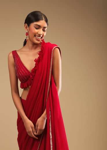 Cherry Red Saree In Georgette With Sequins And Cut Dana Embellished Border And A Ruffle Frill Adorned Crop Top