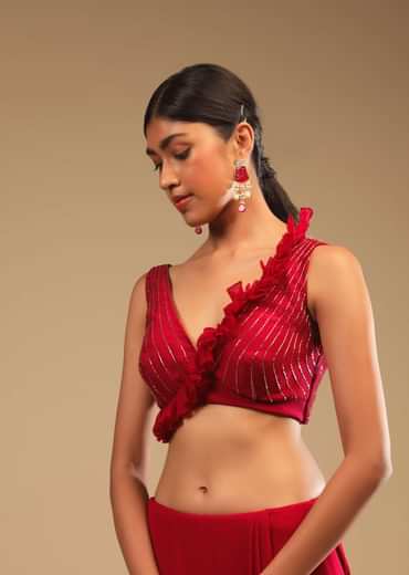 Cherry Red Saree In Georgette With Sequins And Cut Dana Embellished Border And A Ruffle Frill Adorned Crop Top