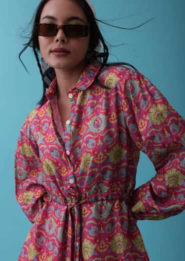 Cherry Pink Floral Printed Co-ord Set In Tussar - RE By Kalki