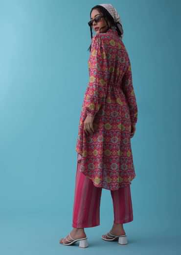 Cherry Pink Floral Printed Co-ord Set In Tussar - RE By Kalki