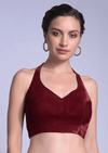 Cherry Red Blouse In Velvet With Halter Straps And Sweetheart Neckline