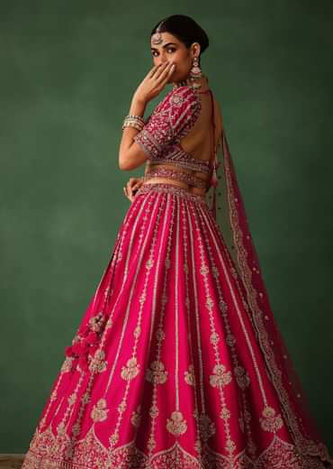 Cherry Red Hand Embroidered Raw Silk Lehenga Set With Dupatta