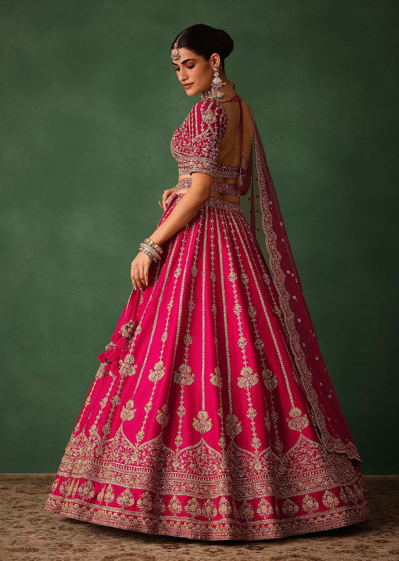 Cherry Red Hand Embroidered Raw Silk Lehenga Set With Dupatta
