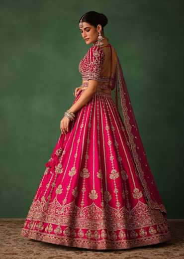 Cherry Red Hand Embroidered Raw Silk Lehenga Set With Dupatta