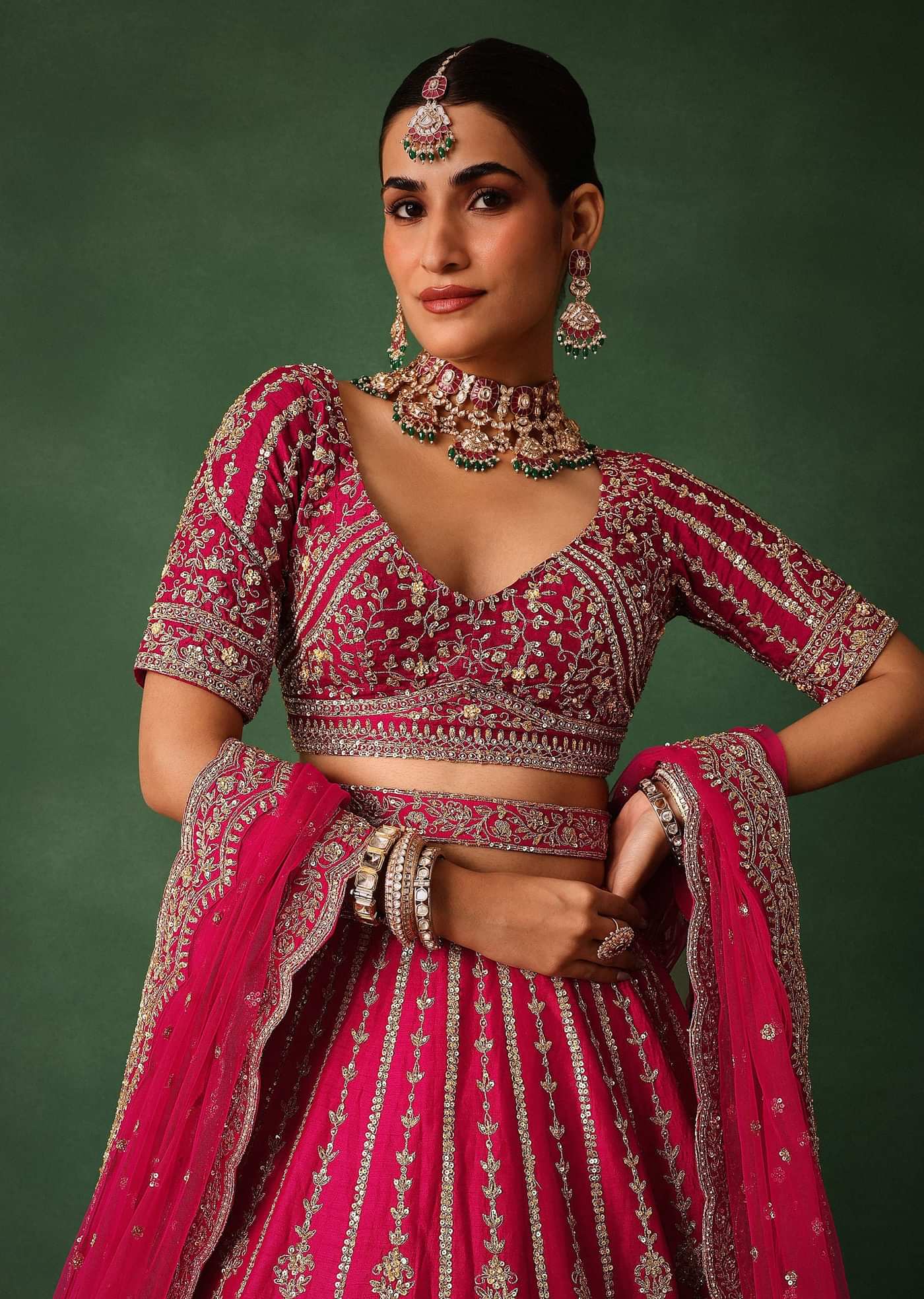 Cherry Red Hand Embroidered Raw Silk Lehenga Set With Dupatta