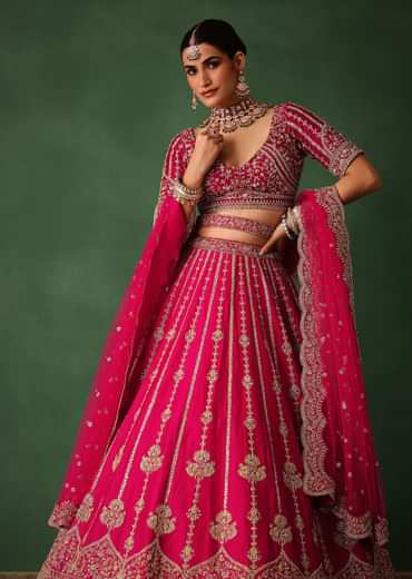 Cherry Red Hand Embroidered Raw Silk Lehenga Set With Dupatta