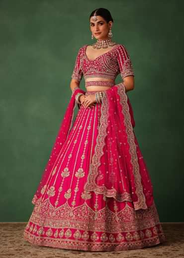 Cherry Red Hand Embroidered Raw Silk Lehenga Set With Dupatta