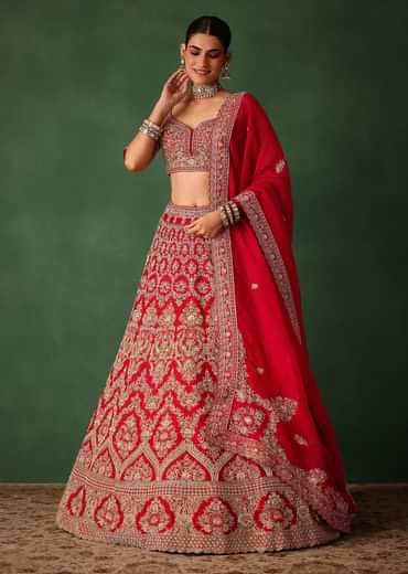 Cherry Red Hand Embroidered Raw Silk Lehenga Set With Net Dupatta