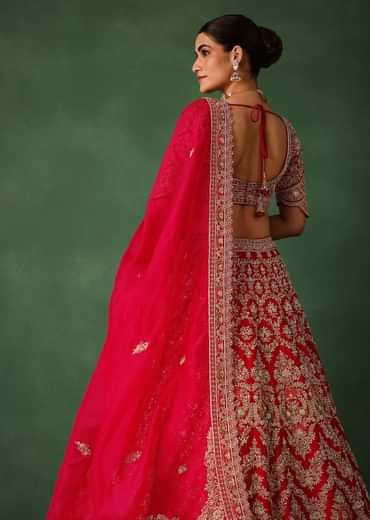 Cherry Red Hand Embroidered Raw Silk Lehenga Set With Net Dupatta