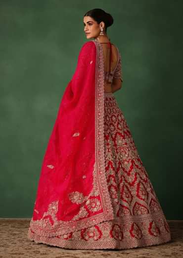 Cherry Red Hand Embroidered Raw Silk Lehenga Set With Net Dupatta