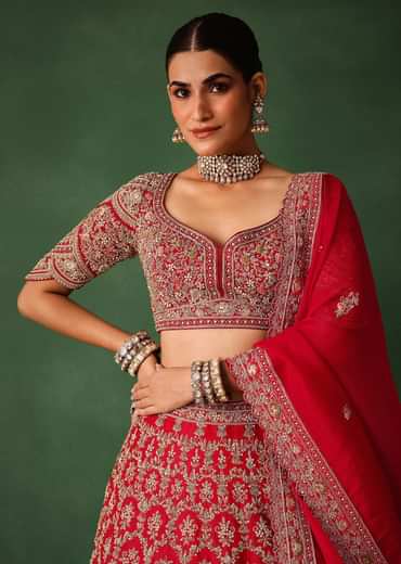 Cherry Red Hand Embroidered Raw Silk Lehenga Set With Net Dupatta