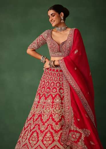 Cherry Red Hand Embroidered Raw Silk Lehenga Set With Net Dupatta