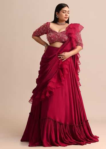 Cherry Red Lehenga With Ruffle Drape