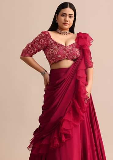 Cherry Red Lehenga With Ruffle Drape