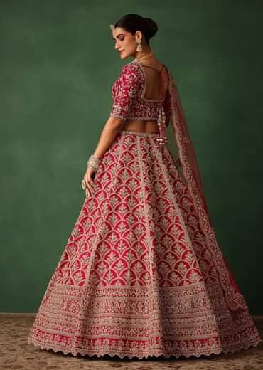 Cherry Red Raw Silk Hand Embroidered Lehenga Set With Net Dupatta