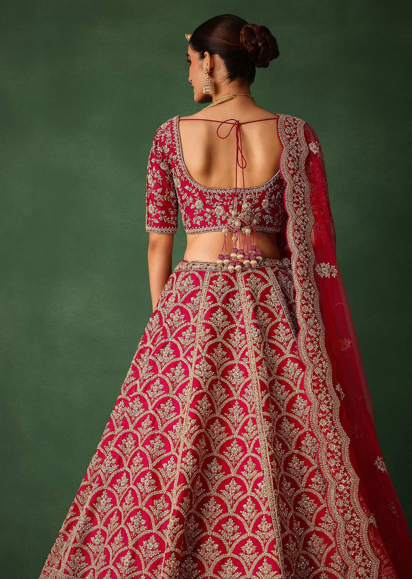 Cherry Red Raw Silk Hand Embroidered Lehenga Set With Net Dupatta