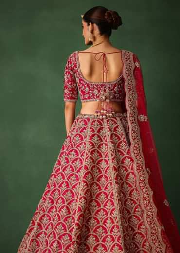 Cherry Red Raw Silk Hand Embroidered Lehenga Set With Net Dupatta