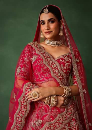 Cherry Red Raw Silk Hand Embroidered Lehenga Set With Net Dupatta