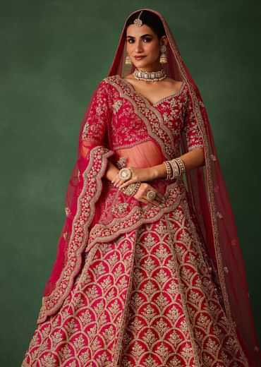 Cherry Red Raw Silk Hand Embroidered Lehenga Set With Net Dupatta