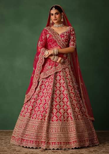 Cherry Red Raw Silk Hand Embroidered Lehenga Set With Net Dupatta