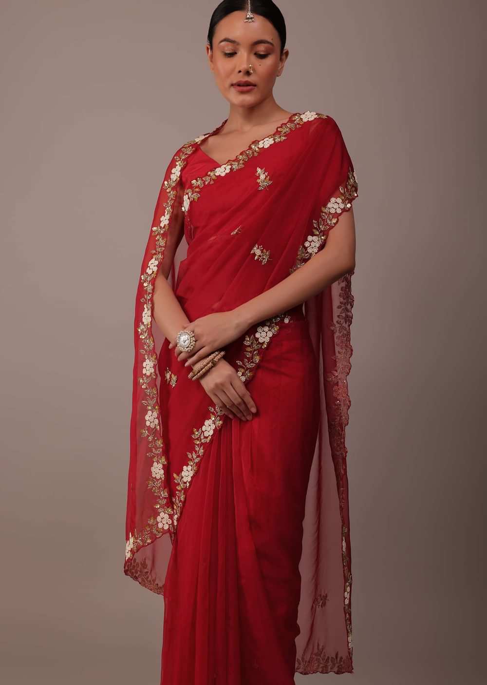 Cherry Red Saree In Organza With Cut Dana And Moti Embroidery