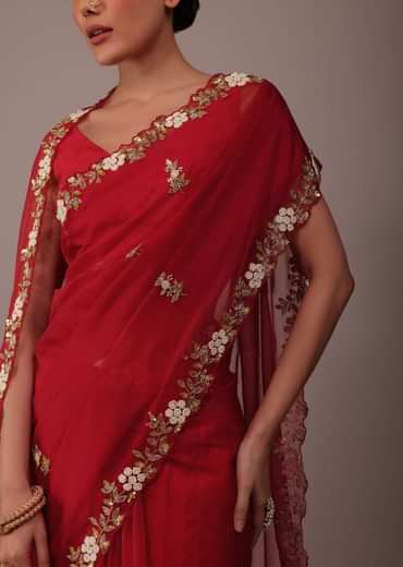 Cherry Red Saree In Organza With Cut Dana And Moti Embroidery