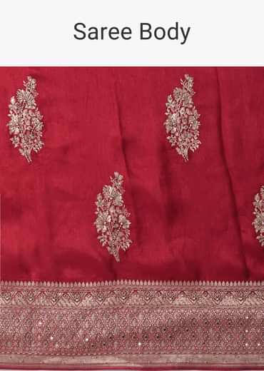Chilli Pepper Red Embroidered Saree In Dola Silk