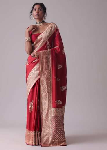 Chilli Pepper Red Embroidered Saree In Dola Silk