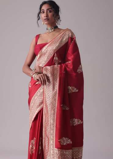 Chilli Pepper Red Embroidered Saree In Dola Silk