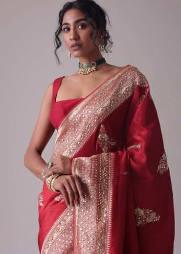 Chilli Pepper Red Embroidered Saree In Dola Silk
