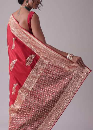 Chilli Pepper Red Embroidered Saree In Dola Silk