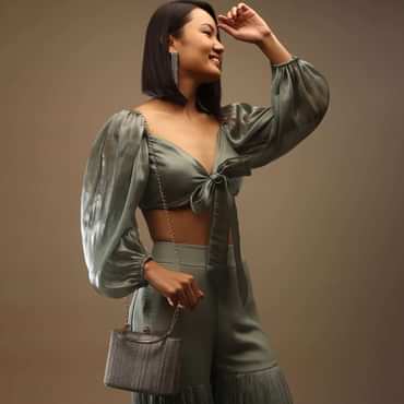 Chino's Green Bow Tie Blouse In Plunging V Neckline Bishop Sleeves, Side Zip Closure